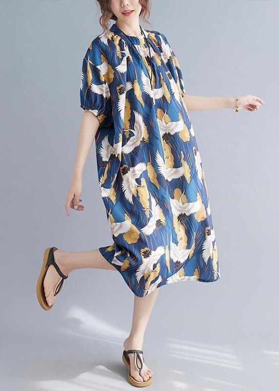 Loose Blue Print Cotton O-Neck Loose Summer Mid Dress ( Limited Stock) - Omychic