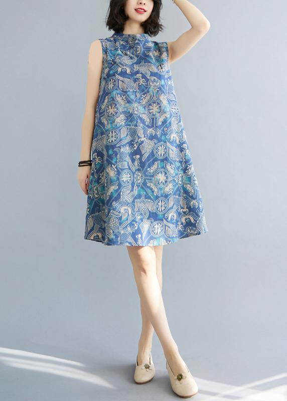 Loose Blue Print Oriental Summer Cotton Dress - Omychic