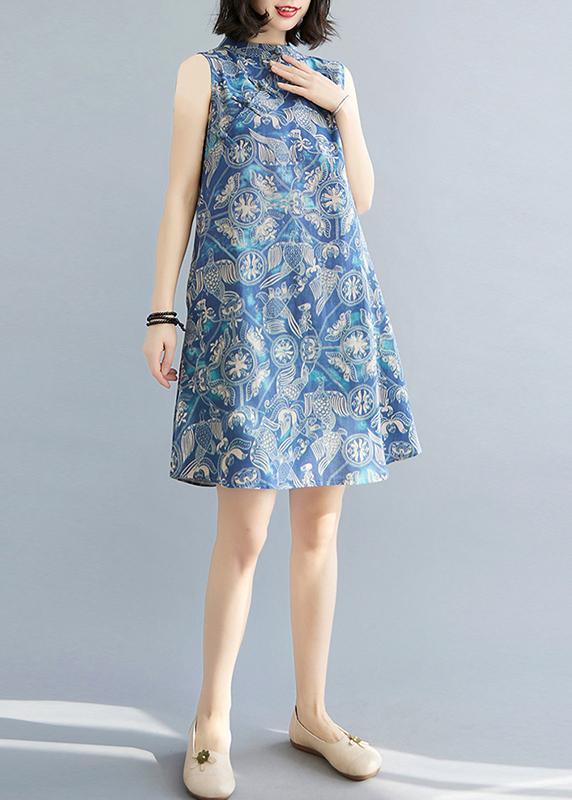 Loose Blue Print Oriental Summer Cotton Dress - Omychic