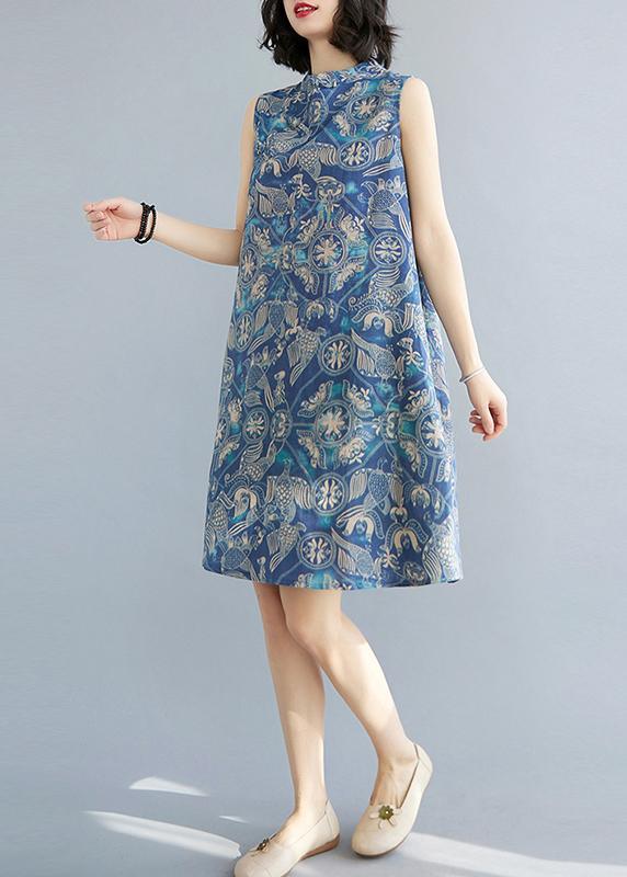 Loose Blue Print Oriental Summer Cotton Dress - Omychic