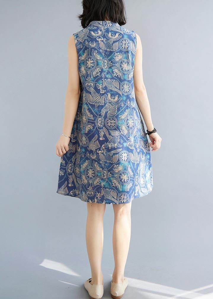 Loose Blue Print Oriental Summer Cotton Dress - Omychic