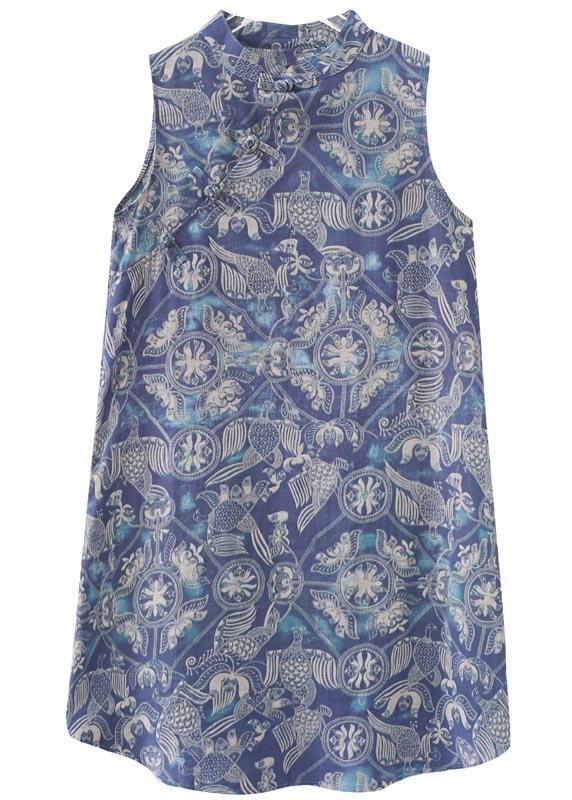 Loose Blue Print Oriental Summer Cotton Dress - Omychic