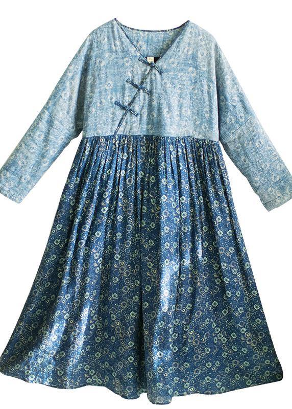 Loose Blue Print Robes V-Neck Patchwork Spring Dresses - Omychic