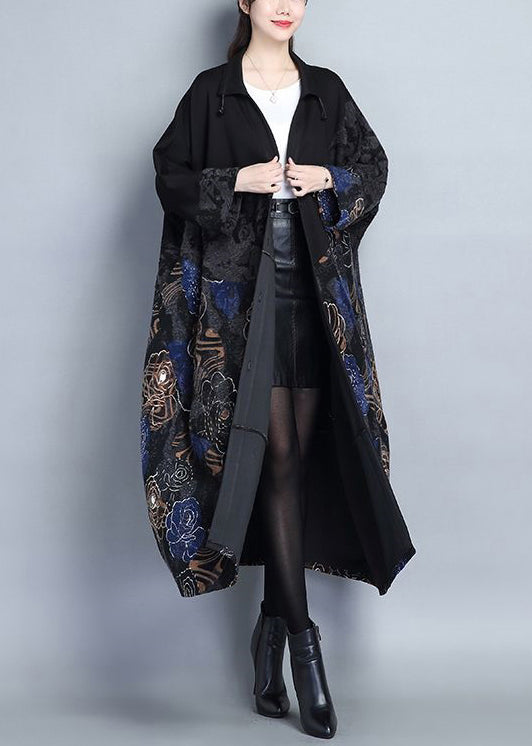 Loose Blue Stand Collar Pockets Patchwork Cotton Long Trench Coat Fall