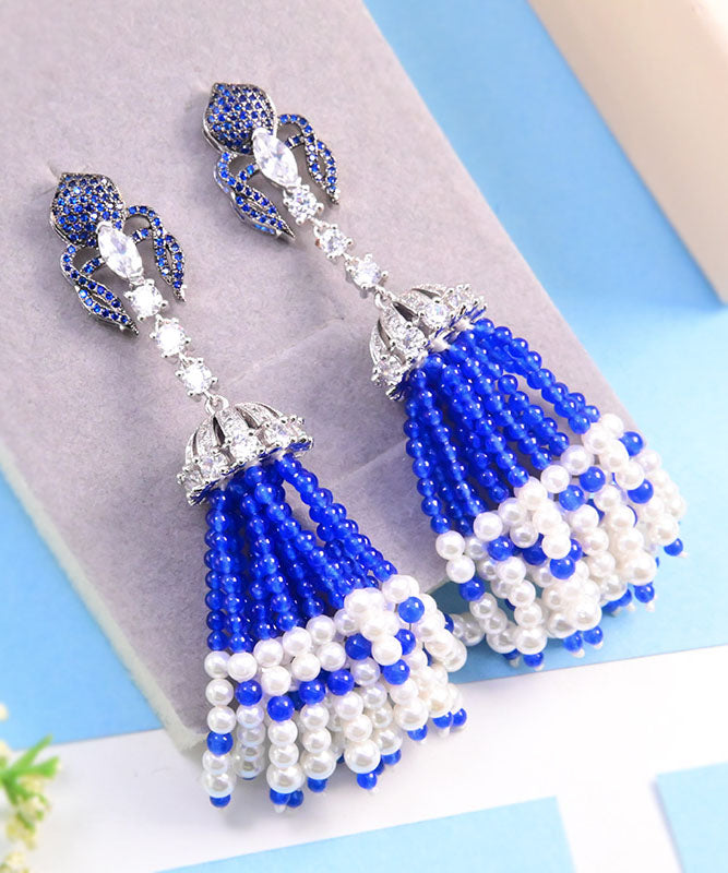 Loose Blue Sterling Silver Chalcedony Shell Tassel Drop Earrings