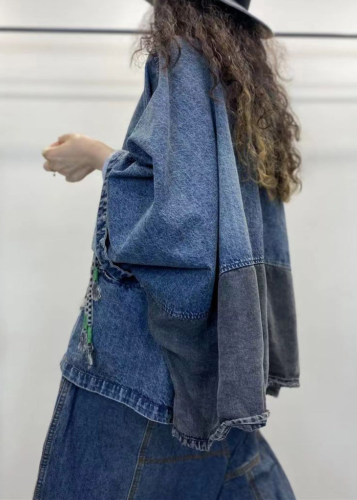 Loose Blue V Neck Button Patchwork Denim Coats Long Sleeve