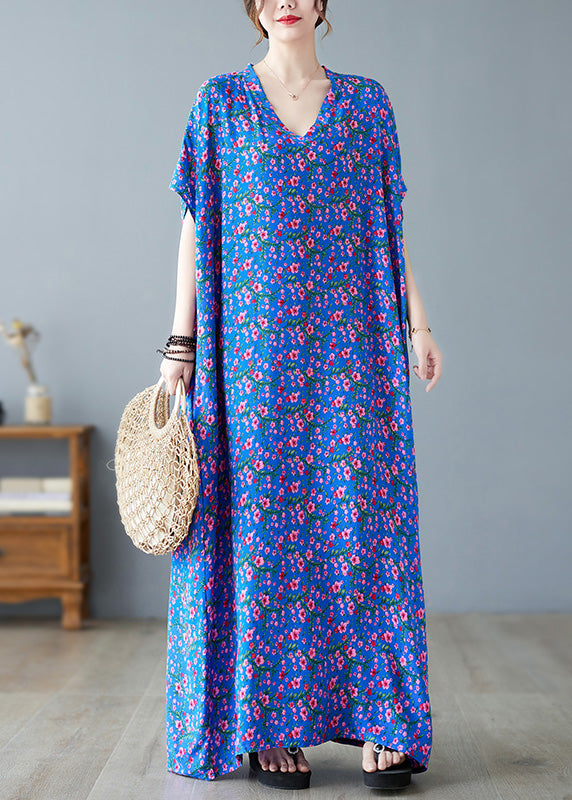 Loose Blue V Neck Print Long Dresses Short Sleeve