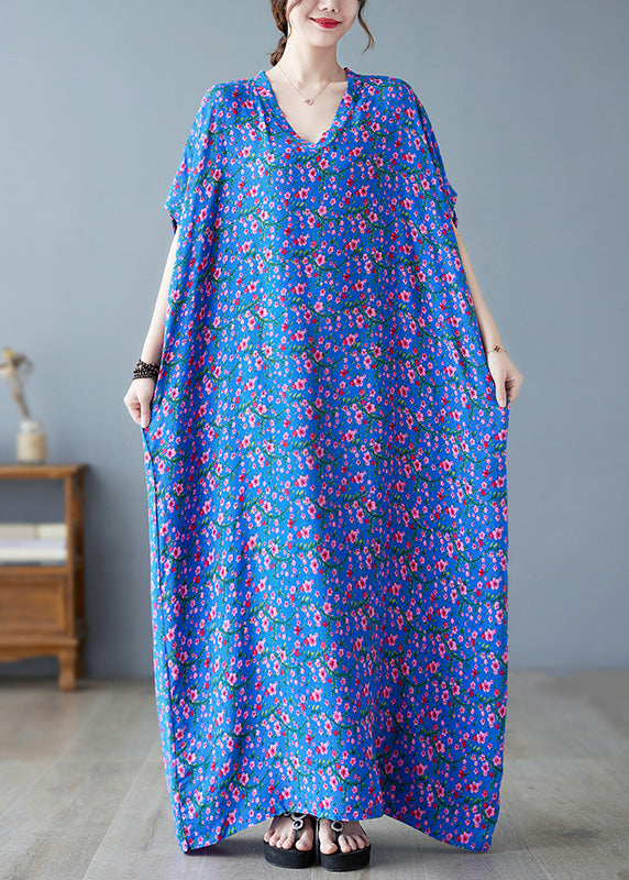 Loose Blue V Neck Print Long Dresses Short Sleeve