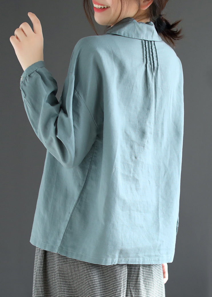 Loose Blue Wrinkled Lace Up Patchwork Cotton Top Long Sleeve