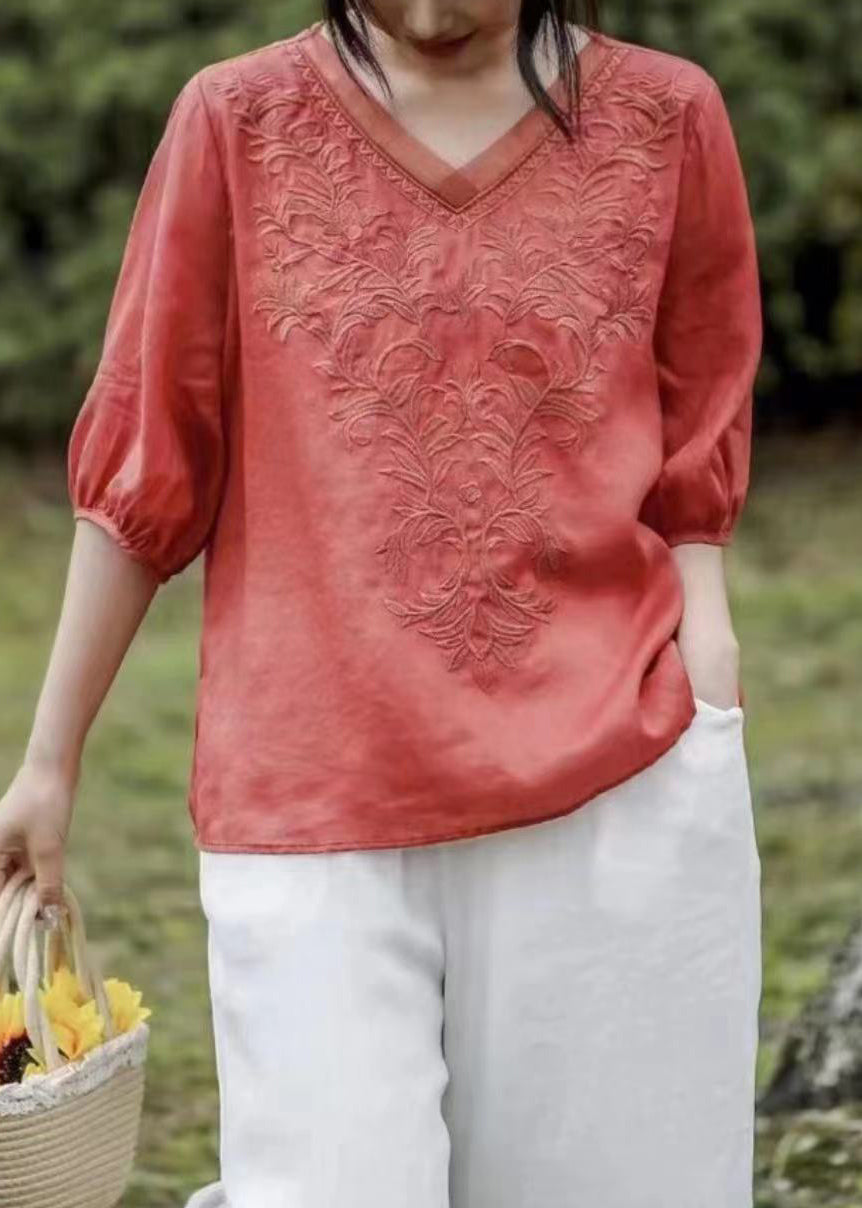 Loose Brick Red V Neck Embroideried Patchwork Linen T Shirt Half Sleeve