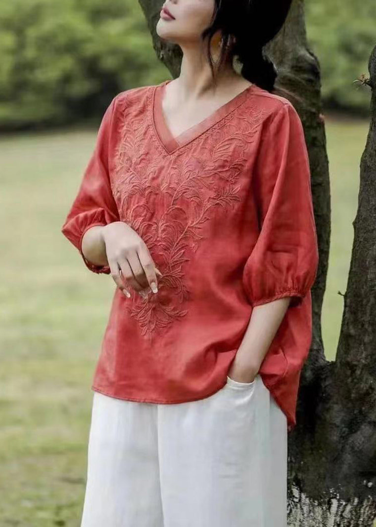 Loose Brick Red V Neck Embroideried Patchwork Linen T Shirt Half Sleeve