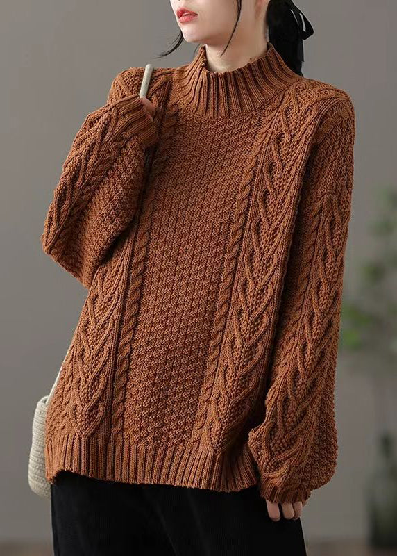 Loose Brown Half Hign Neck Cable Knitted Sweaters Spring