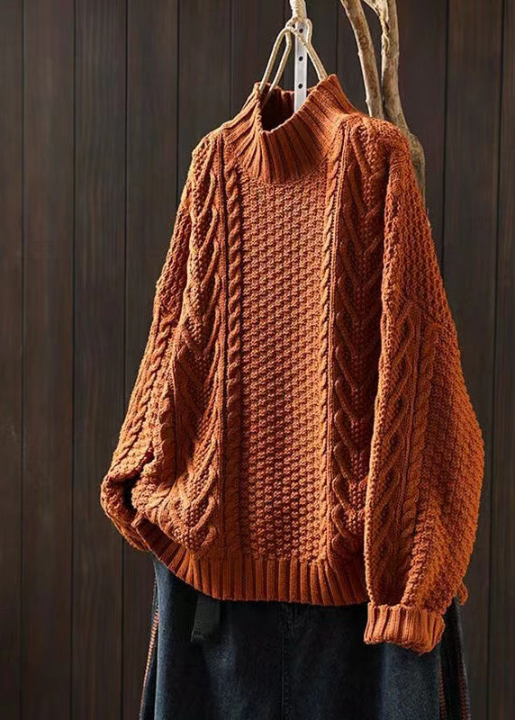 Loose Brown Half Hign Neck Cable Knitted Sweaters Spring