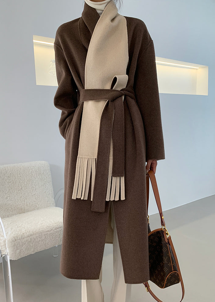 Loose Brown V Neck Tie Waist Double Sided Cashmere Long Coat Fall