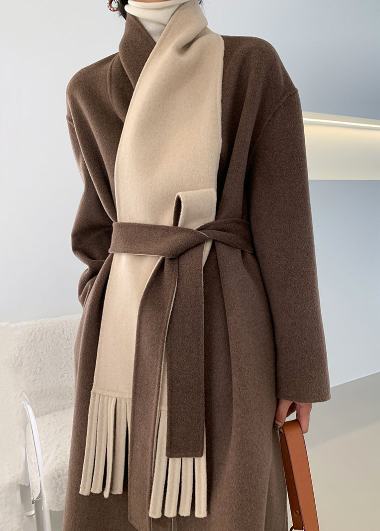 Loose Brown V Neck Tie Waist Double Sided Cashmere Long Coat Fall