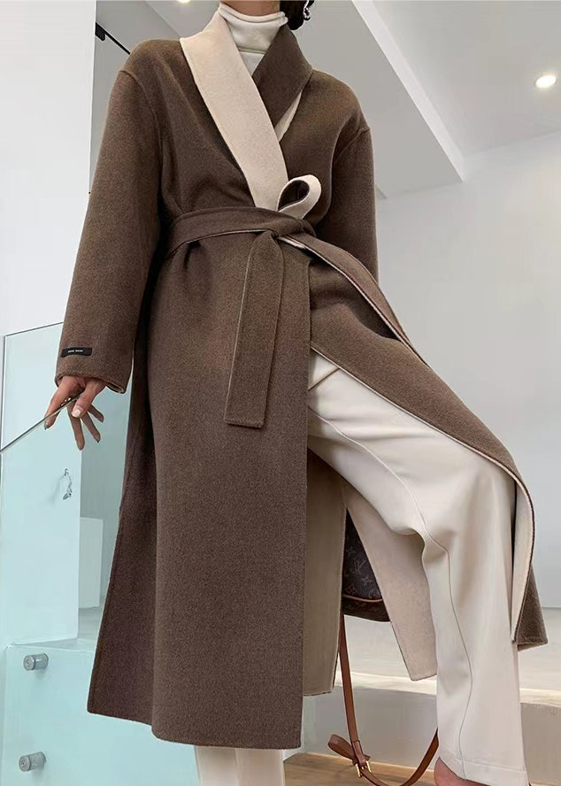 Loose Brown V Neck Tie Waist Double Sided Cashmere Long Coat Fall