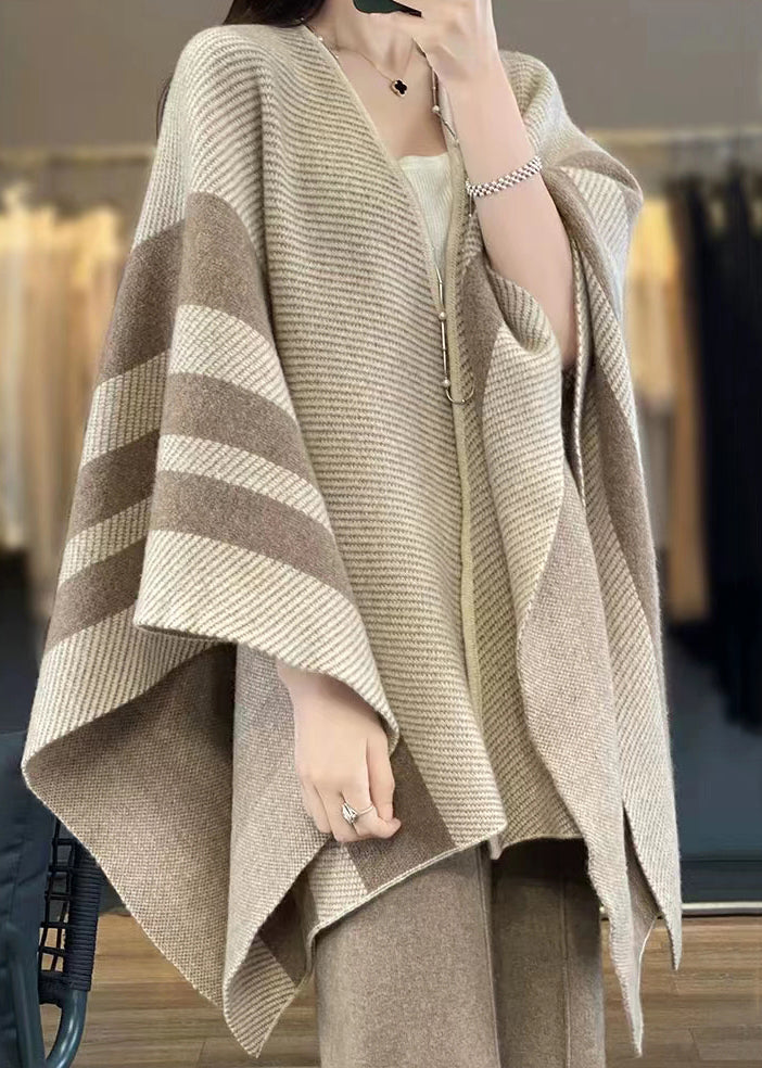 Loose Camel V Neck Striped Patchwork Wool Cape Cardigans Fall
