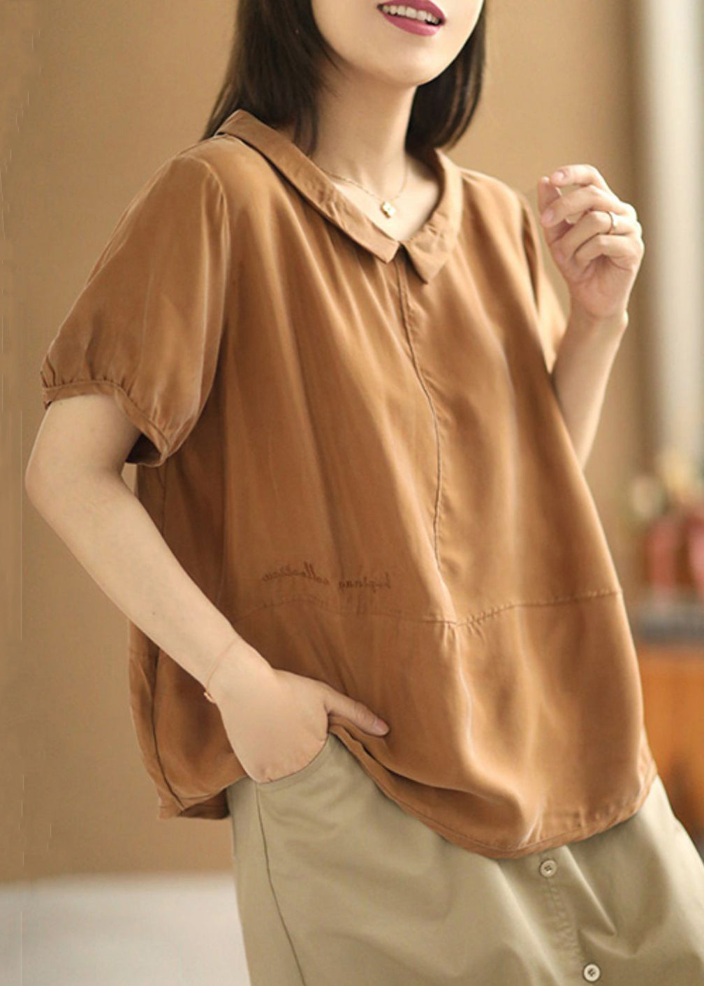 Loose Caramel Peter Pan Collar Solid Silk Cotton Tops Summer