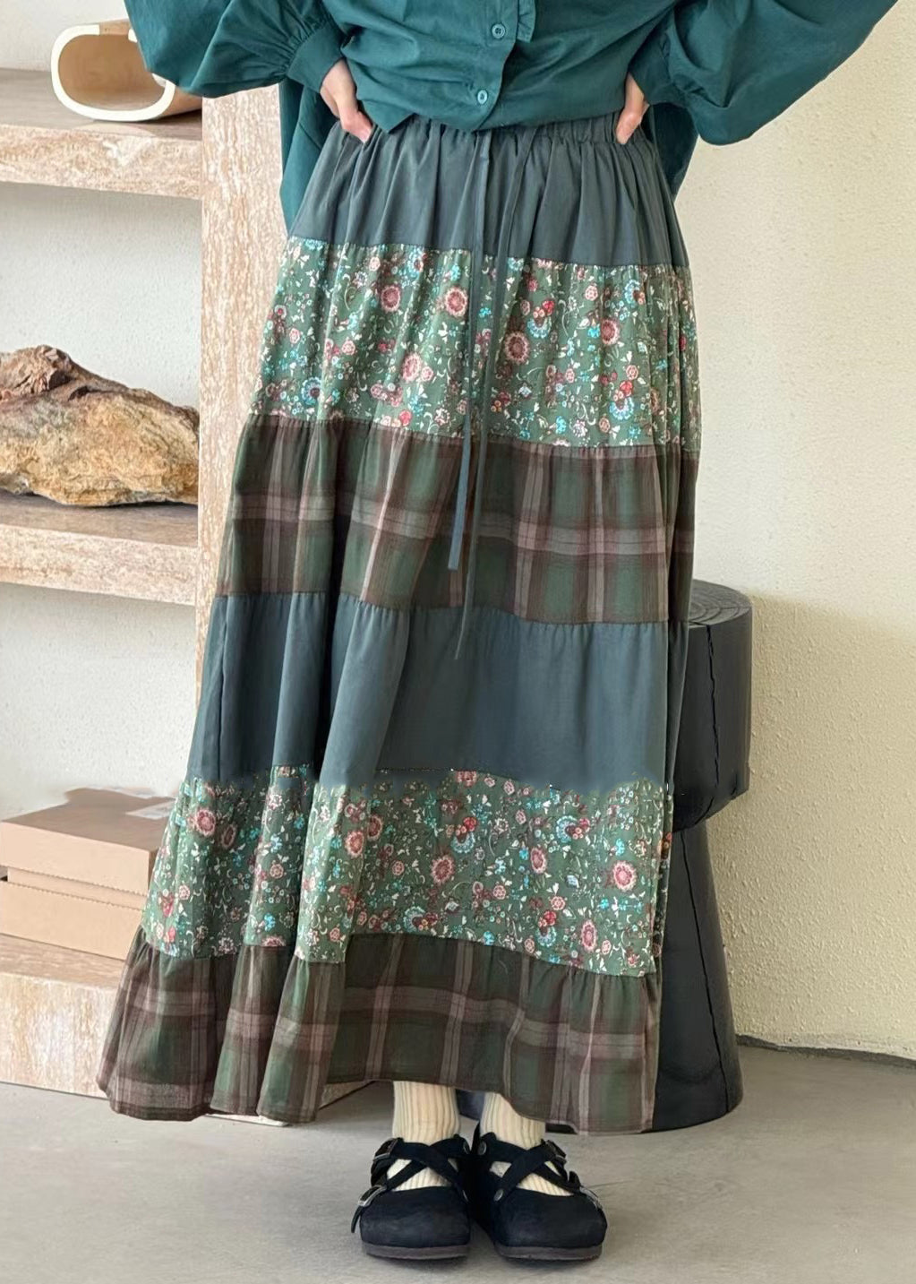 Loose Caramel Print Elastic Waist Patchwork Cotton Skirts Spring