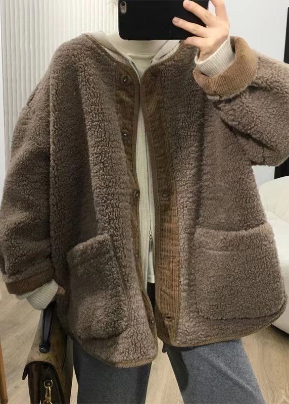 Loose Coffee Button Pockets Patchwork Teddy Faux Fur Coats Fall