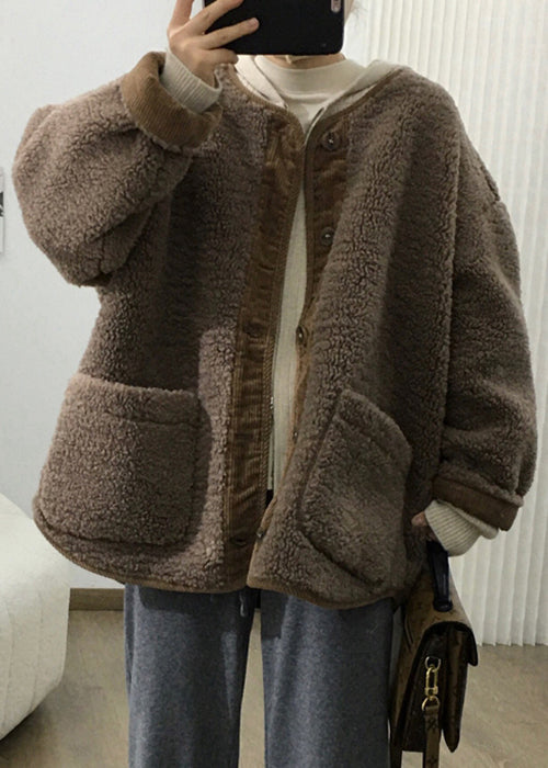 Loose Coffee Button Pockets Patchwork Teddy Faux Fur Coats Fall