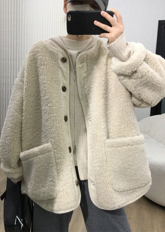 Loose Coffee Button Pockets Patchwork Teddy Faux Fur Coats Fall