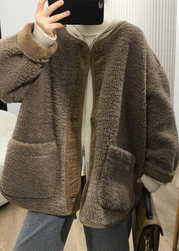 Loose Coffee Button Pockets Patchwork Teddy Faux Fur Coats Fall