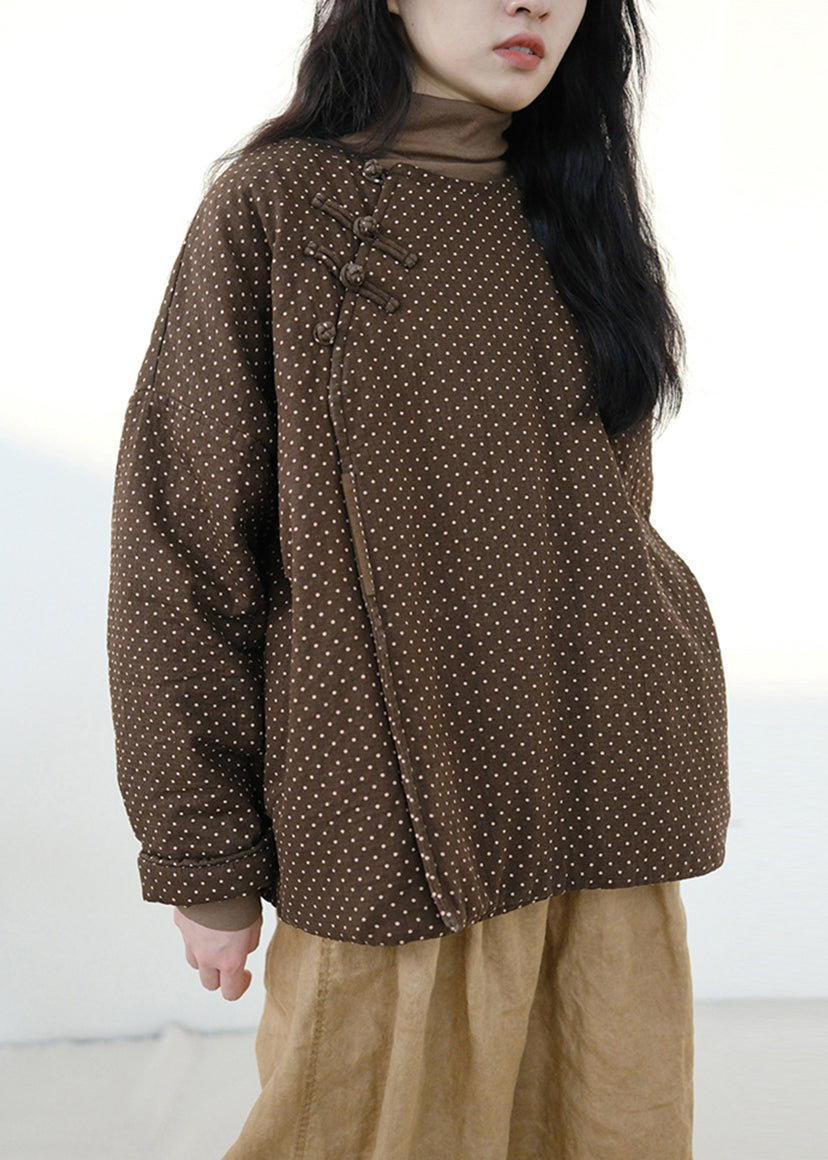Loose Coffee Dot Button Patchwork Cotton Coat Winter Fall