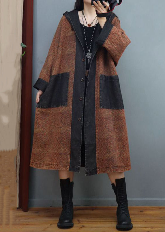 Loose Coffee Hooded Button Denim Patchwork Long Coats Fall