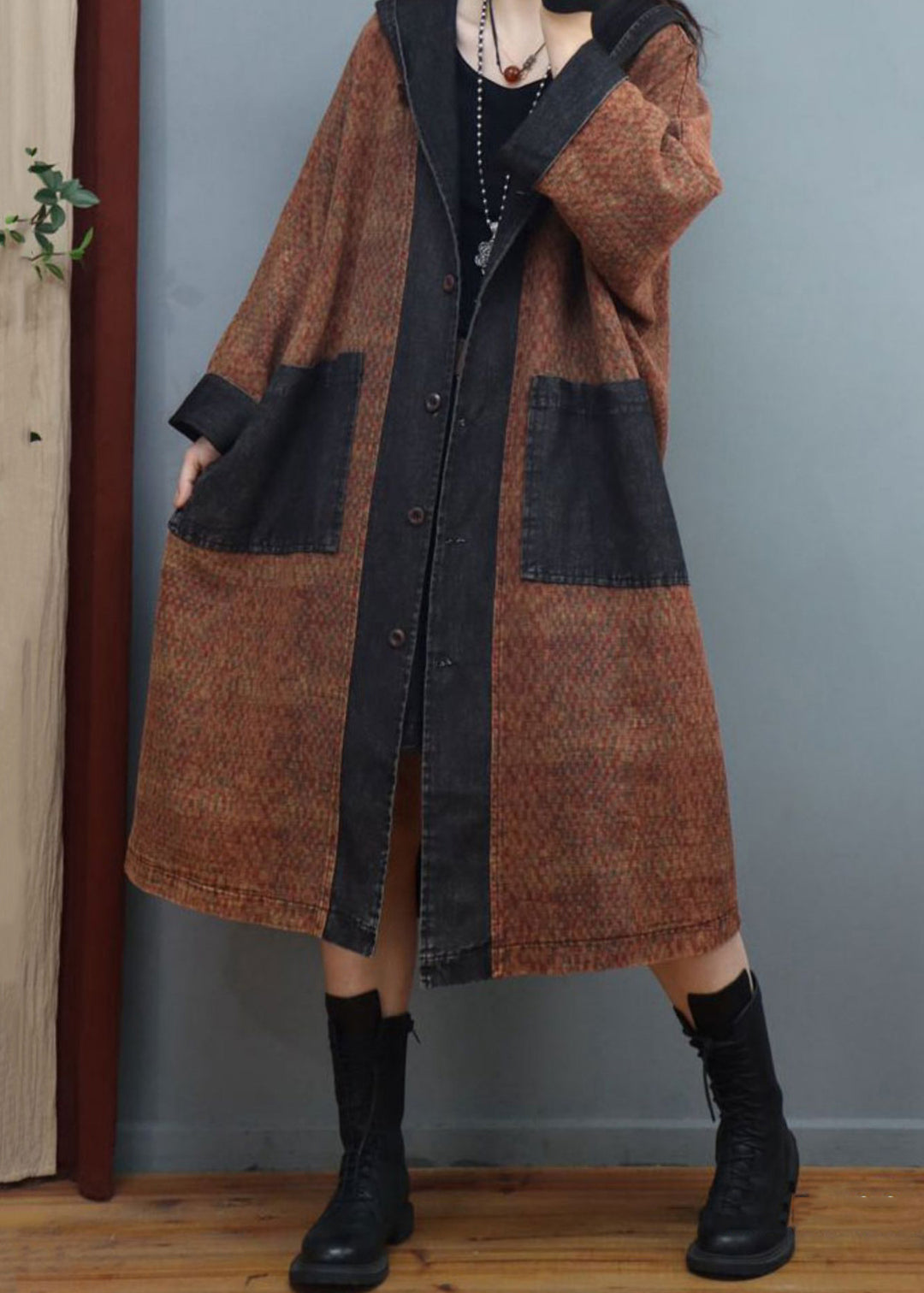 Loose Coffee Hooded Button Denim Patchwork Long Coats Fall