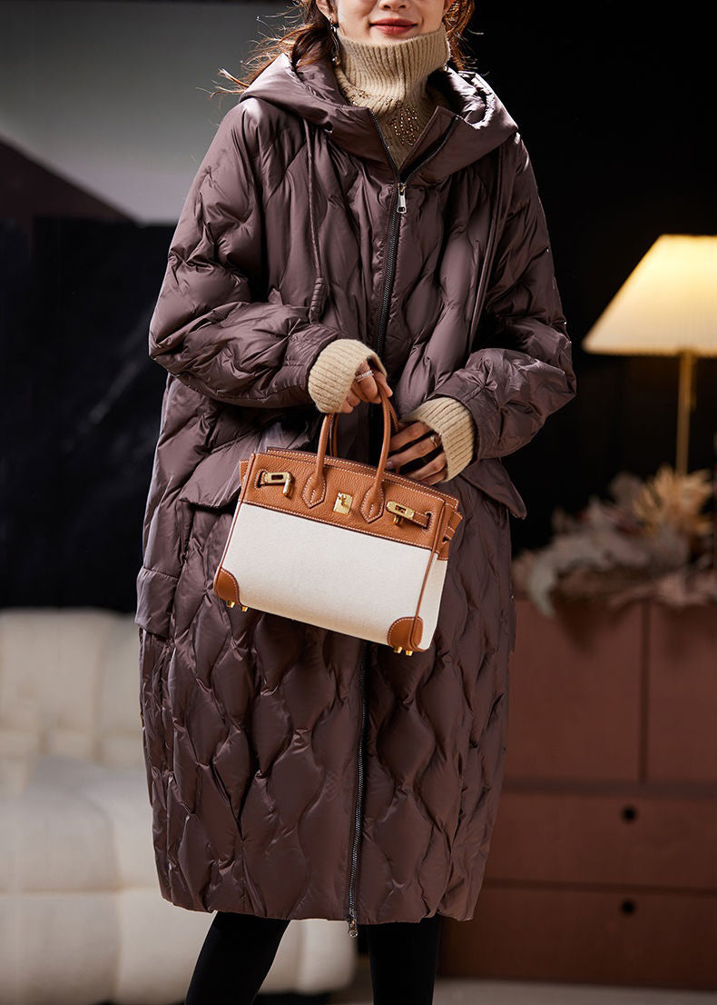 Loose Coffee Hooded Pockets Winter Coat
