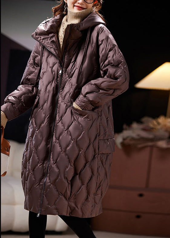 Loose Coffee Hooded Pockets Winter Coat