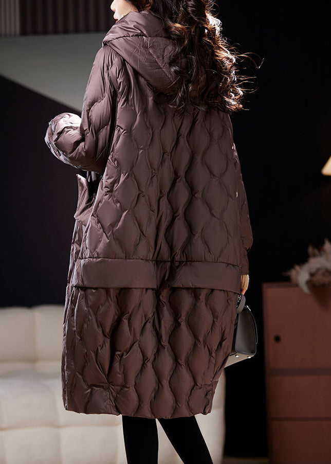 Loose Coffee Hooded Pockets Winter Coat