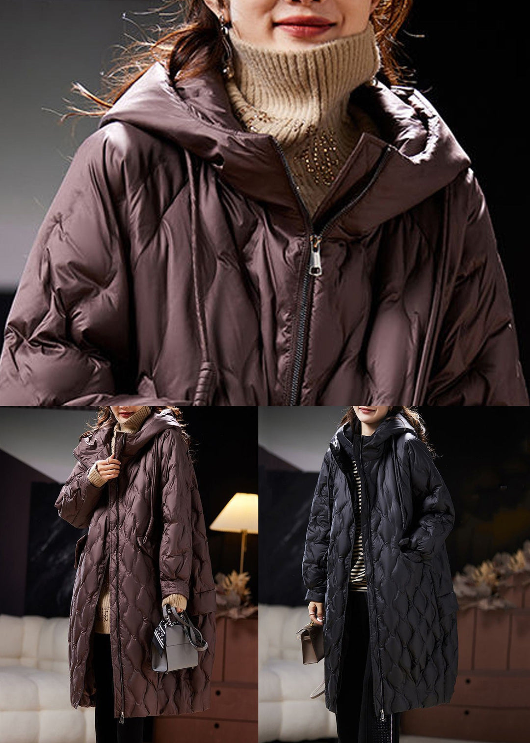 Loose Coffee Hooded Pockets Winter Coat