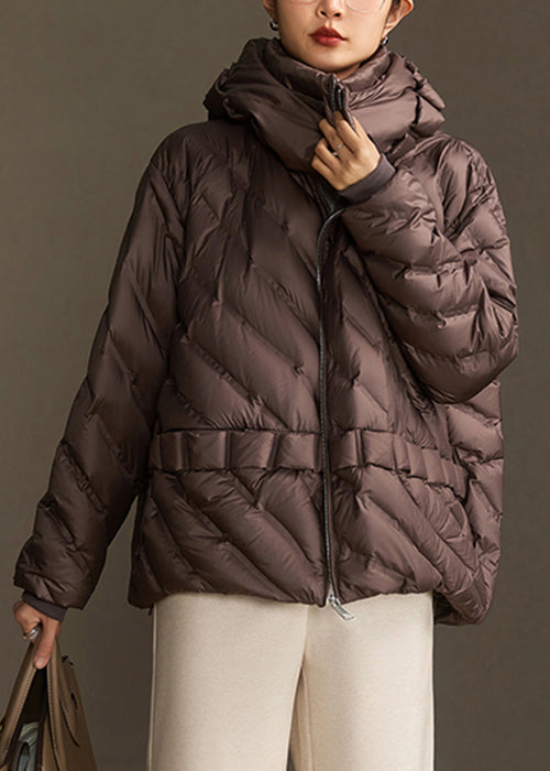 Loose Coffee Hooded Zippered Drawstring Duck Down Coats Winter