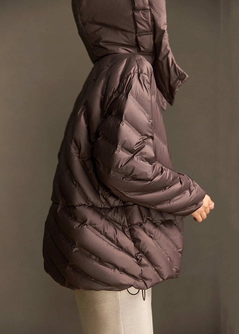 Loose Coffee Hooded Zippered Drawstring Duck Down Coats Winter