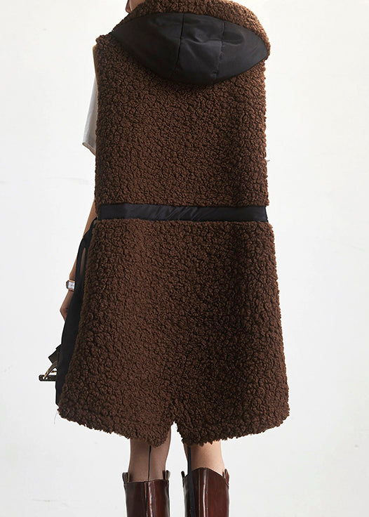 Loose Coffee Hooded Zippered Patchwork Teddy Faux Fur Waistcoat Sleeveless