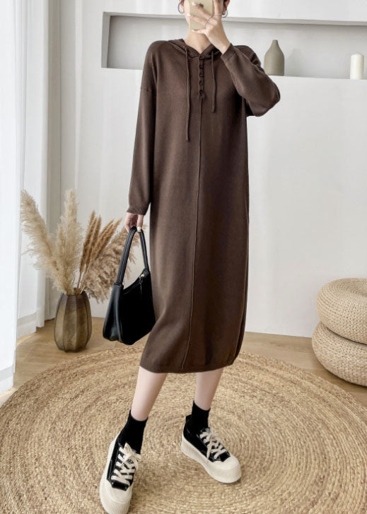 Loose Coffee Hooded thick Knit Sweater Dress Winter