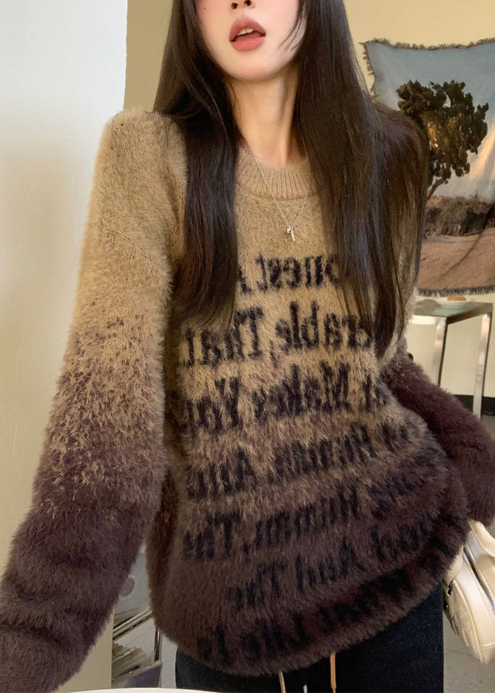 Loose Coffee O Neck Letter Patchwork Mink Velvet Sweaters Fall