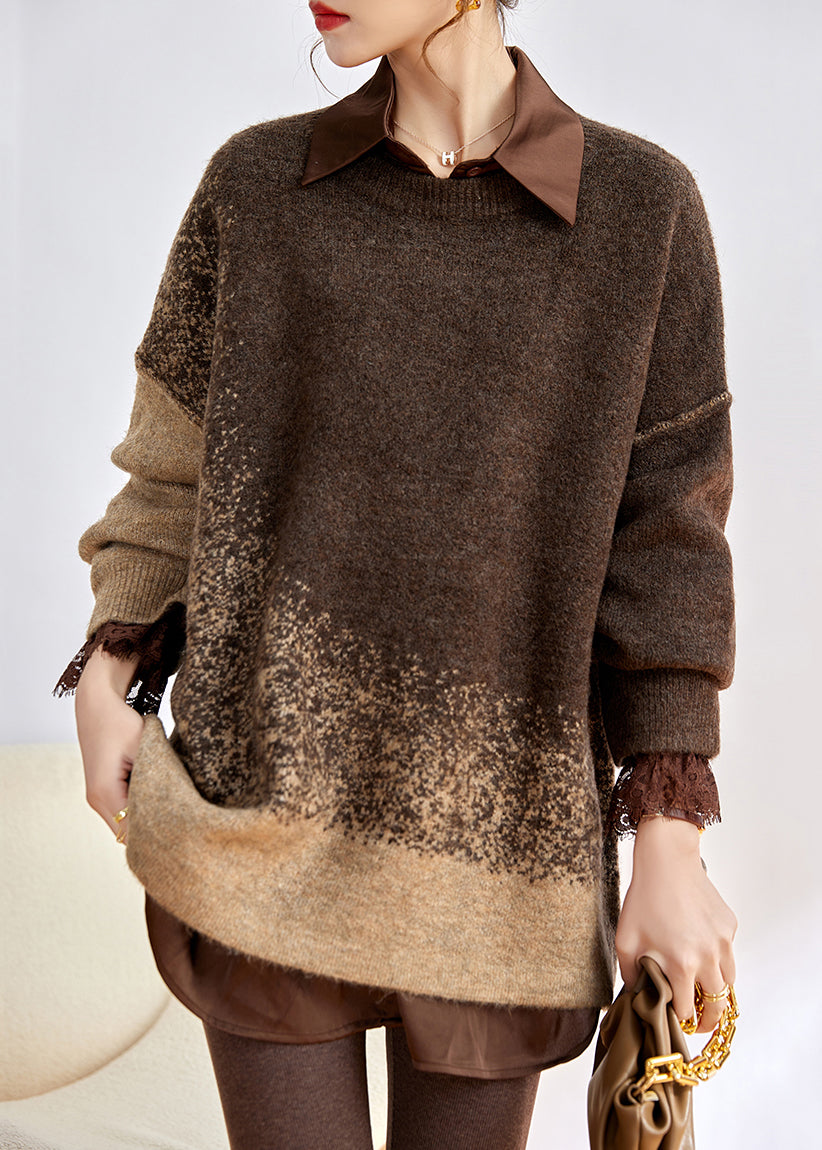Loose Coffee O Neck Patchwork Cozy Cotton Knit Top Winter