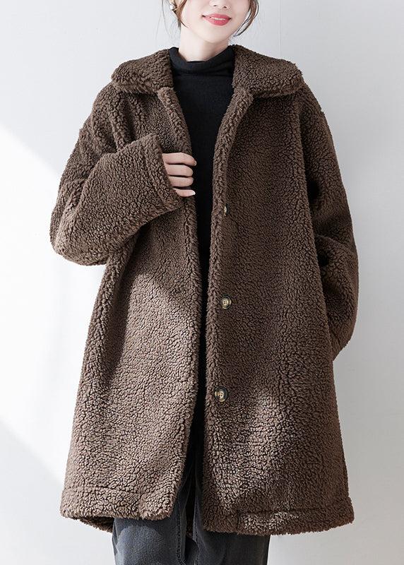 Loose Coffee Peter Pan Collar Pockets Button Faux Fur Coat Fall