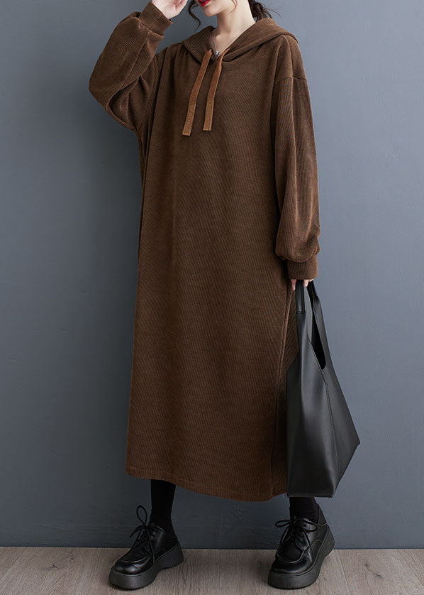 Loose Coffee Pockets Hooded Maxi Dresses Fall