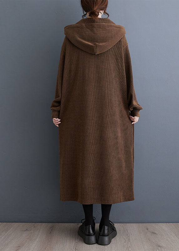 Loose Coffee Pockets Hooded Maxi Dresses Fall