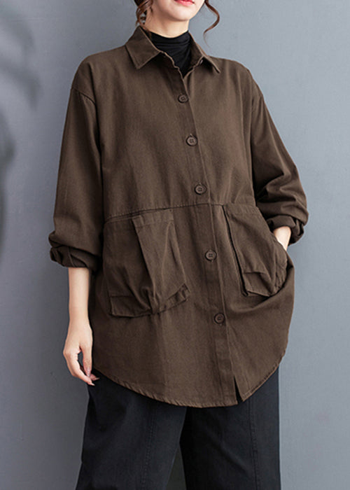 Loose Coffee Solid Pockets Cotton Shirts Long Sleeve