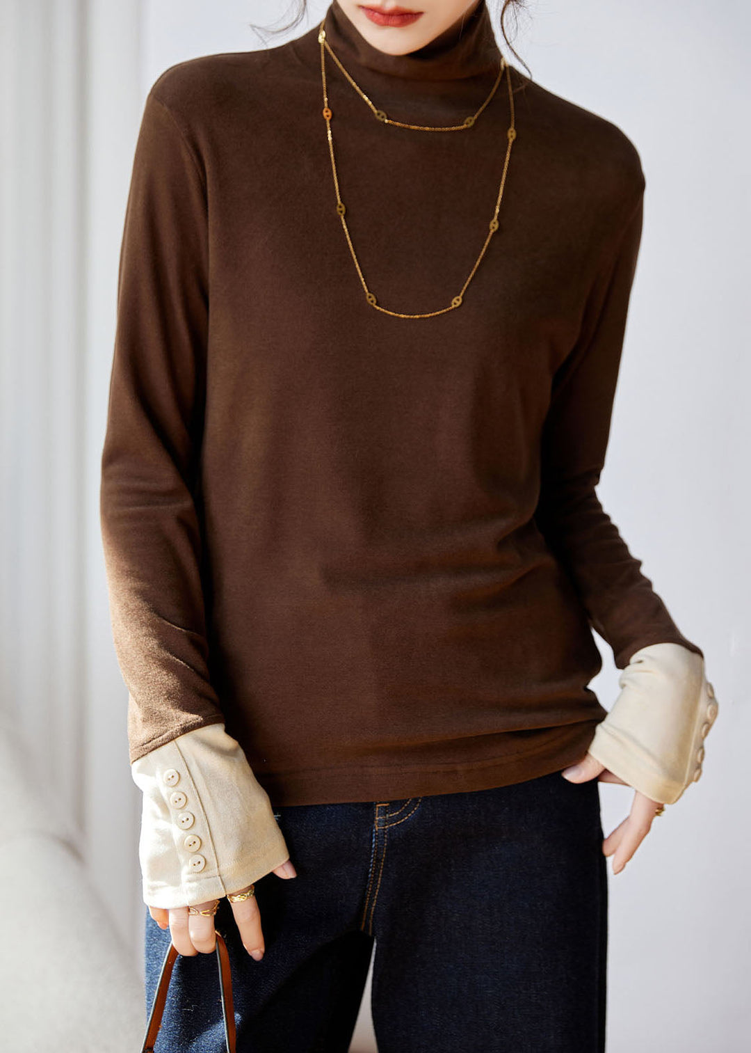 Loose Coffee Turtleneck Patchwork Top Long Sleeve