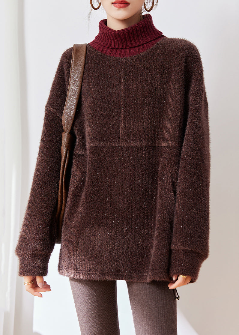 Loose Coffee Turtleneck Pockets Thick Cotton Knit Sweaters Winter
