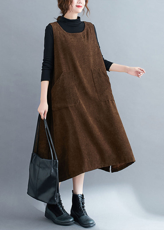 Loose Coffee U Neck Pockets Corduroy Strap Dress Spring