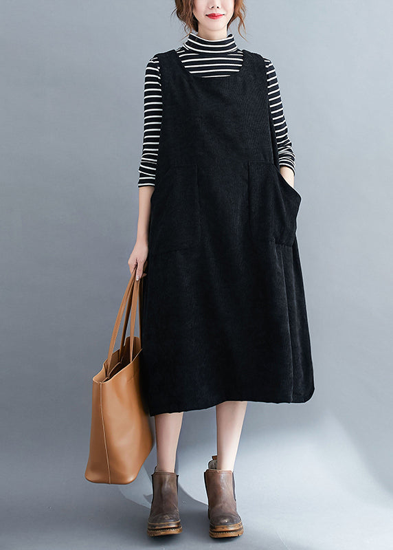 Loose Coffee U Neck Pockets Corduroy Strap Dress Spring