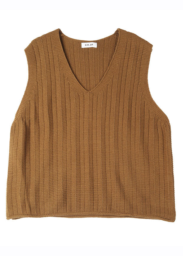 Loose Coffee V Neck Solid Cozy Knit Waistcoat Fall