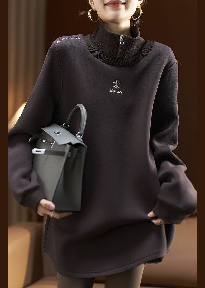 Loose Coffee Zippered Embroideried Cotton Sweatshirt Spring